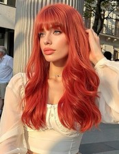 Perruque Synthétique Rousse Longue Avec Frange Wig Orangé Femme Bouclé +4 Bonnet