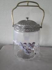 seau / pot à biscuits ancien verre émaillé Art Nouveau Legras décor violettes