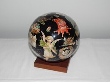 ANCIEN Porte Perruque Boule Noir en VERRE Décor Floral Animaux D'anges Fin XIXè