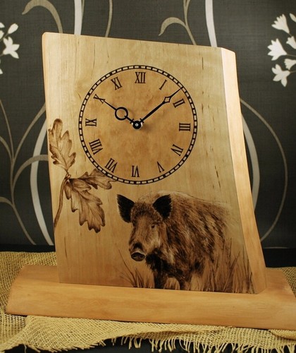 Wooden desk clock wild boar