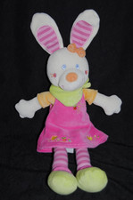 ?Doudou lapin robe rose MOTS D'ENFANTS bandana vert pattes rayés peluche 30 cm