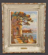 Henri BARGIN peinture sur bois pergola à Monaco 37x33cm côte d'azur 1950