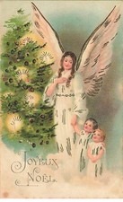 Carte Gaufrée - Joyeux Noël - Ange gardien avec deux enfants près d'un sapi