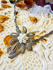 Collier ancien style Art Déco argent 925 poinçons marcassites perles 42 cm