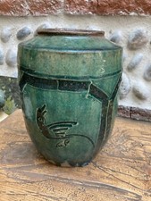 Très Beau Pot Style Martaban Antique Bleu, 1800s Terre Cuite Vernissé Chine Art