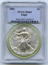 2001 American Eagle 1 OZ Argent Dollar PCGS Ms 69 Certifié Once Lingot - P620