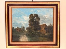 Tableau Peinture Huile Toile Gérard Roux Chaumière Normande Campagne Village