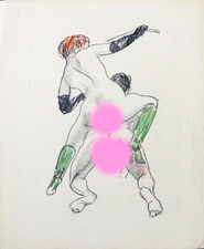 Dessin original illustration érotique femme nue bondage Vers 1960 attr Vertes