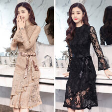 Femmes Dentelle Robe Long Évasé Manche Creusé Ceinture à Lacet Elegant