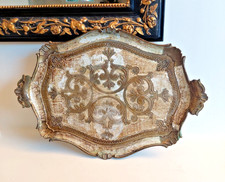 Ancien Grand Plateau Florentin Ovale Cérusé Doré BUSA - Fabrication Italienne