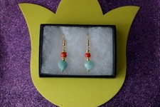 Beau Plaqué Or Boucles D'Oreilles Avec Corail & Opaline Coeur 2.8 CM Long +