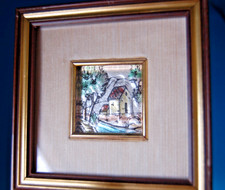 PETIT TABLEAU VINTAGE ,  FEUILLE D'ARGENT-PAYSAGE-ENCADRÉ , CHAPELLE