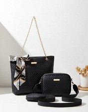 3X Sac Simili Cuir Noir Femme Cabas + Pochette - Ensemble 3 Pièces Sac De Soirée