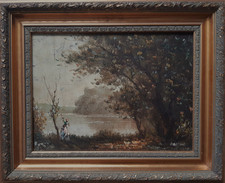 Edward BARTON (1936-2012) Tableau Ancien Huile Toile Paysage Lac Animé Encadré