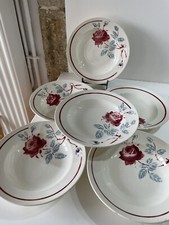 6 ASSIETTES CREUSES FAIENCE KG LUNEVILLE MODELE PAULETTE DECOR ROSE COLLECTION