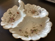Ancien Plat serviteur mendiant porcelaine de Limoges décor fleurs & or moucheté