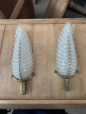 Paire d appliques EZAN ?France art déco Verre givré doré motif Feuilles / Palmes