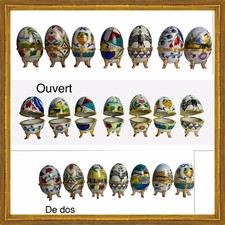 7 boites en porcelaine en forme d’oeuf, ouverture cerclée de metal doré -