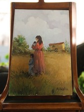 Peinture ancienne paysage signée Varallo, tableau vintage original décor rétro