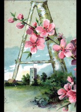 LETTRE ALPHABET A / FLEUR d'ARBRE CERISIER & MONUMENT TOUR Carrée en 1905