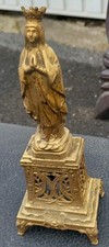 Ancienne Statue Vierge A La Couronne Sur Socle Régule Doré, Dévotion, Collection