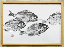 REPRODUCTION signée et encadrée, "Estampe, Gyotaku d'un banc de dorade"