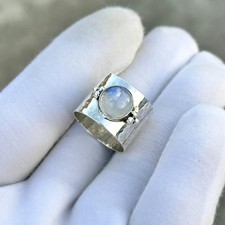 Lune Bague Martelé Bande 925 Argent Rond Cabochon pour Femmes Bobo Birthdaygift