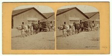 photo stéréo 1870 transport calèche - bureau du chef de gare - métier stereoview