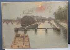 Tableau Ancien Huile Paysage Vue de PARIS Ponts Crépuscule 1900 A restaurer XIXe