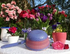 RARE antique enameled french BB strainer purple red stripes 1930s saucepan