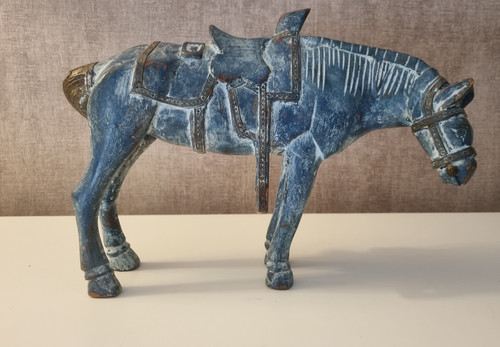 Cheval bois peint bleu - en,