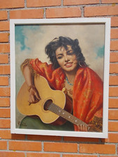 " Gitane a la Guitare " , Huile sur Toile de André David , ( Portrait de Femme )