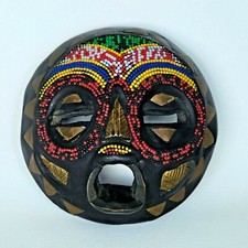  Ancien masque africain rond Luba perlé - Ghana diamètre 17,5 cm