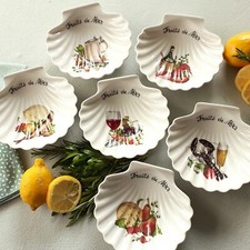 Set of Six Seafood Bowls. Scallop Shell Shaped Fruits de Mer Dishes.