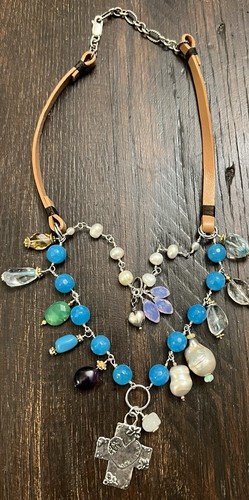 Blue topaz pearl necklace - blue,