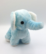 Ancien doudou peluche éléphant bleu blanc AJENA yeux durs 23 cm vintage