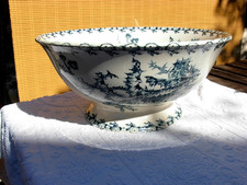 Grand Saladier bleu ancien signé GIEN  décor fleur CHARDON 19 ème siècle