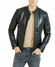 Veste de motard noire pour homme 100 % cuir d'agneau véritable veste de...