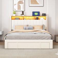 Lit rembourré double 160 x 200 cm Cadre de lit tiroirs LED&USB Sommier à lattes