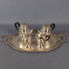 Service Thé Café Maillechort D'Argent Plateau 4 Pièces Style Anglais Vintage Xx