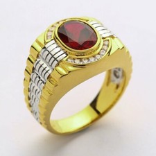 Bague grenat rouge naturel pour homme, bague en or jaune bicolore 14 carats p...