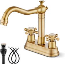 Antique Brass 2-Hole Centerset Bathroom Faucet with Cross Handles & Hose