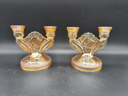 Paire bougeoirs verre - , ambré