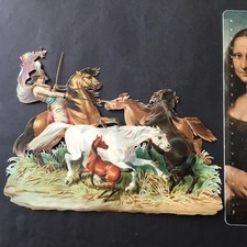 Immense Chromo Chevaux Sauvages Chasse 20 cm Ancien Gaufré XIXè Victorian Scrap