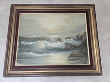Huile sur toile marine signée H. Gailey – Vagues et coucher de soleil – XXe
