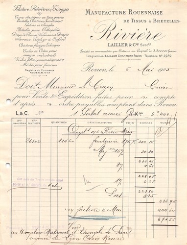 Facture 1925 tissus - tissus, riviere