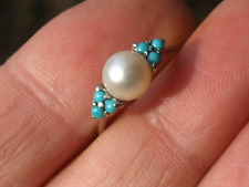 T JOLIE BAGUE ANCIENNE 1960/70 en OR BLANC 18K 750 avec PERLE et TURQUOISE / T54