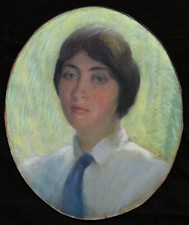 Tableau encadré dessin pastel ovale portrait jeune femme cravate 1920 Art Déco