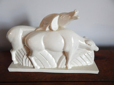 ANCIENNE SCULPTURE Art Déco en Céramique Craquelée Couple Antilopes LEMANCEAU