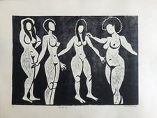 MERCEDES GUINGOT GRANDE GRAVURE SUR BOIS QUATRE NUS 1977 ARTISTE LORRAIN 